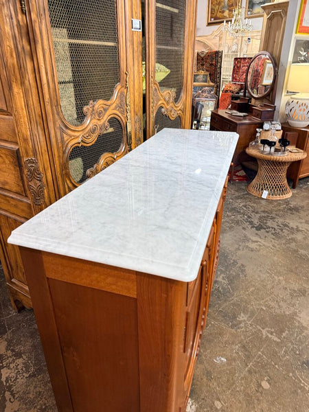 VINTAGE VICTORIAN FLAMED MAHOGANY AND MARBLE TOP SERVER 42.5H 56.5W 19D IN STORE PICK UP ONLY