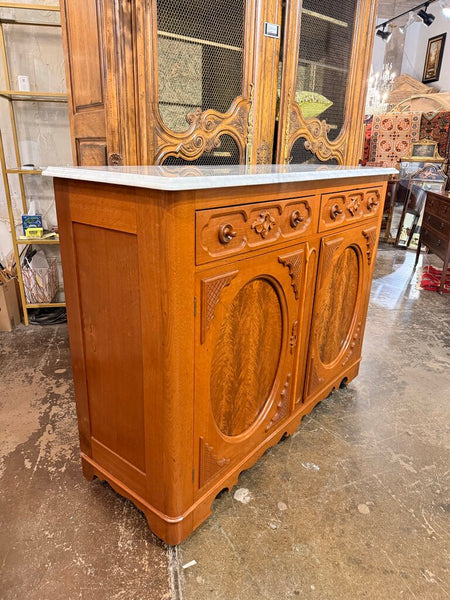 VINTAGE VICTORIAN FLAMED MAHOGANY AND MARBLE TOP SERVER 42.5H 56.5W 19D IN STORE PICK UP ONLY