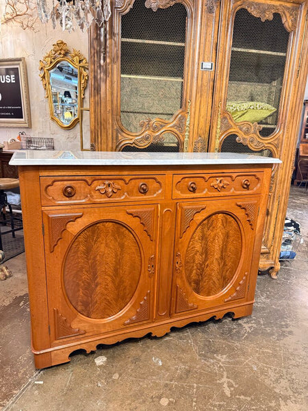 VINTAGE VICTORIAN FLAMED MAHOGANY AND MARBLE TOP SERVER 42.5H 56.5W 19D IN STORE PICK UP ONLY