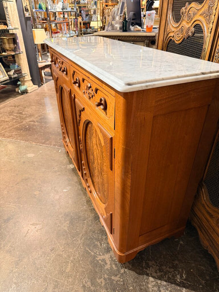 VINTAGE VICTORIAN FLAMED MAHOGANY AND MARBLE TOP SERVER 42.5H 56.5W 19D IN STORE PICK UP ONLY