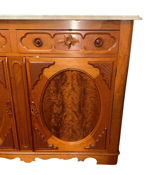 VINTAGE VICTORIAN FLAMED MAHOGANY AND MARBLE TOP SERVER 42.5H 56.5W 19D IN STORE PICK UP ONLY