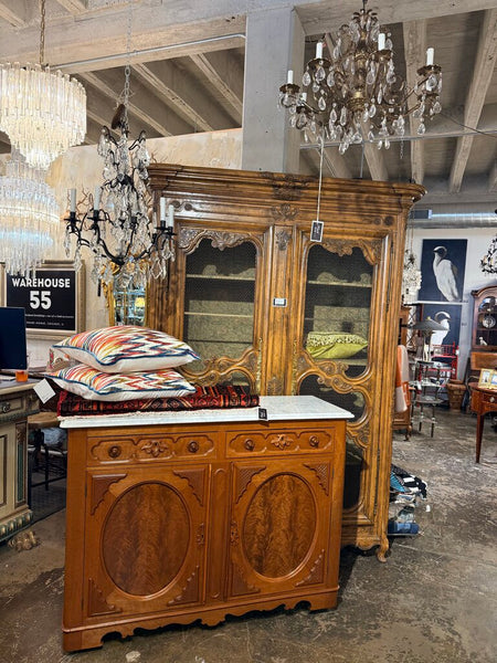 VINTAGE VICTORIAN FLAMED MAHOGANY AND MARBLE TOP SERVER 42.5H 56.5W 19D IN STORE PICK UP ONLY