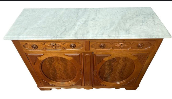 VINTAGE VICTORIAN FLAMED MAHOGANY AND MARBLE TOP SERVER 42.5H 56.5W 19D IN STORE PICK UP ONLY