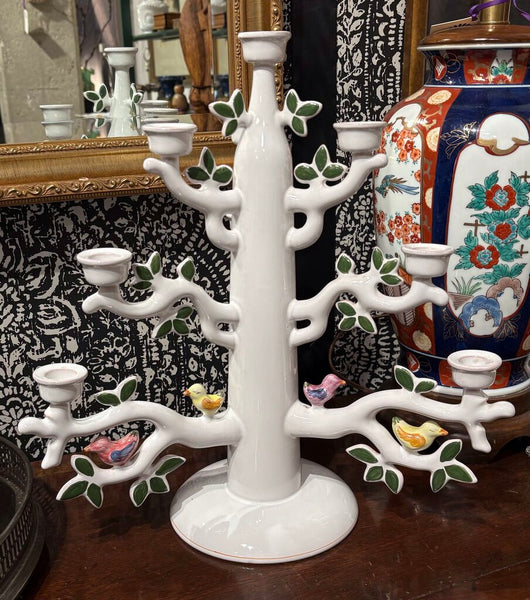 VINTAGE FRENCH FAIENCE CANDELABRA BY SEGRIES, MOUSTIERS FRANCE | 14.75"H x 11" D