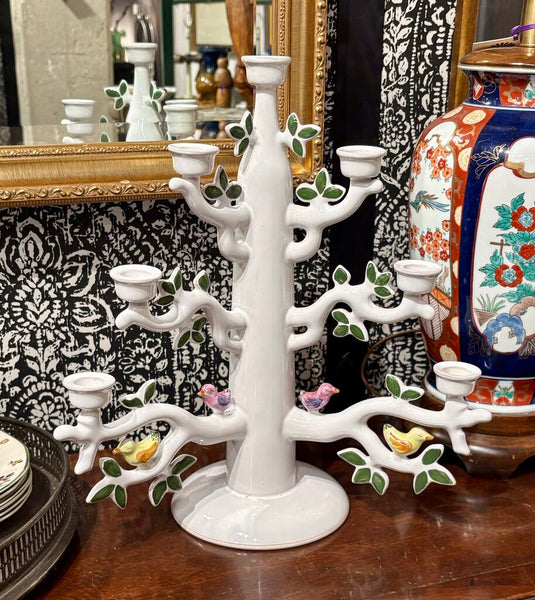 VINTAGE FRENCH FAIENCE CANDELABRA BY SEGRIES, MOUSTIERS FRANCE | 14.75"H x 11" D