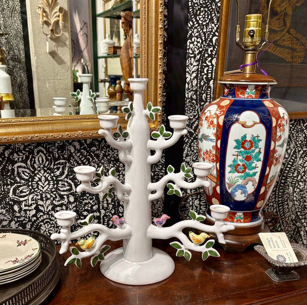 VINTAGE FRENCH FAIENCE CANDELABRA BY SEGRIES, MOUSTIERS FRANCE | 14.75"H x 11" D