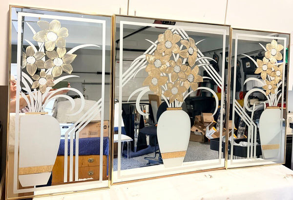 Large floral post modern(1980s) Triptych designed by Richard Sandoval and manufacture by Windsor Art -3 pc set for pick up only center piece approx 28x34-side pcs 18x34