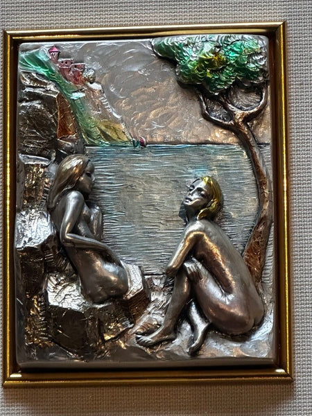 Three Dimensional Silver Scene Ladies On Beach Del Giudice 16x14 FIRM 13.5x16As Found