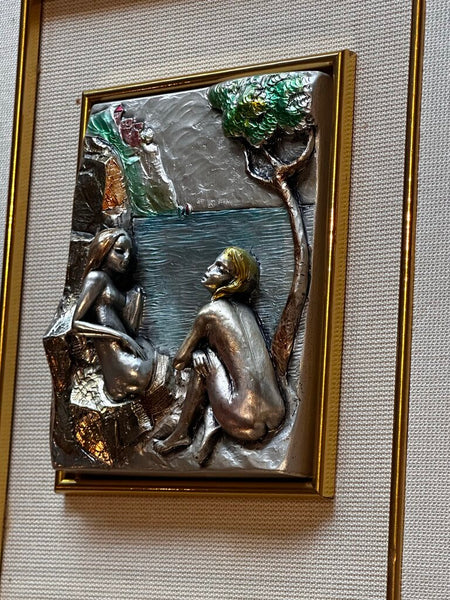 Three Dimensional Silver Scene Ladies On Beach Del Giudice 16x14 FIRM 13.5x16As Found