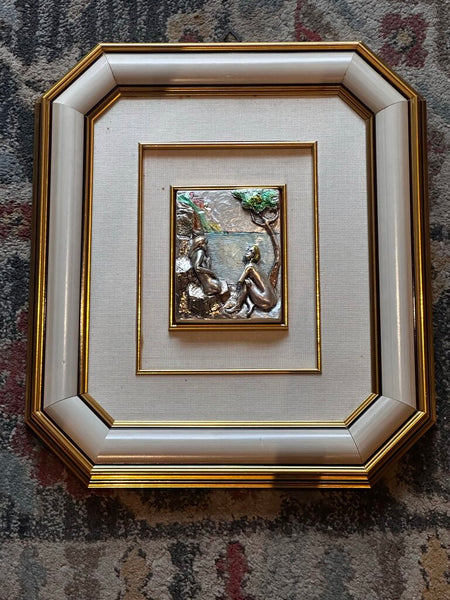 Three Dimensional Silver Scene Ladies On Beach Del Giudice 16x14 FIRM 13.5x16As Found