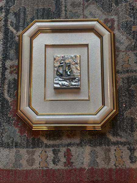 Three Dimensional Silver Scene Ship On Water 16x14 FIRM As Found 13.5x16