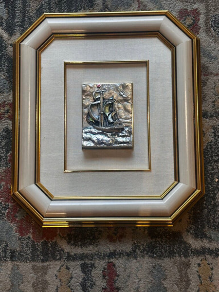 Three Dimensional Silver Scene Ship On Water 16x14 FIRM As Found 13.5x16