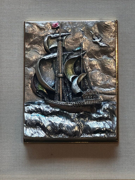 Three Dimensional Silver Scene Ship On Water 16x14 FIRM As Found 13.5x16