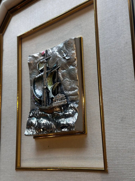Three Dimensional Silver Scene Ship On Water 16x14 FIRM As Found 13.5x16