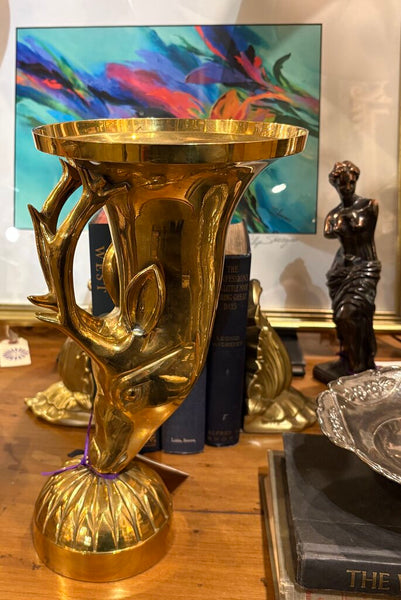 VINTAGE SOLID BRASS DEER VESSEL | 12"H X 8.8.25"W