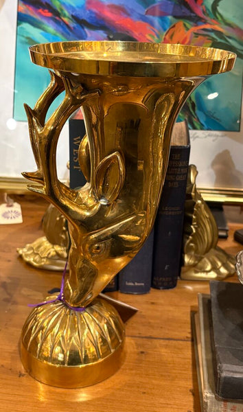 VINTAGE SOLID BRASS DEER VESSEL | 12"H X 8.8.25"W