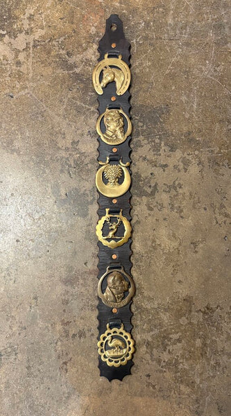 VINTAGE BRASS BRIDLE MEDALLIONS ON TOOLED LEATHER STRAP