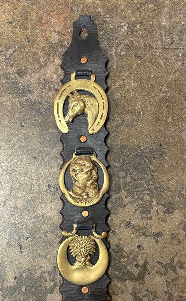 VINTAGE BRASS BRIDLE MEDALLIONS ON TOOLED LEATHER STRAP
