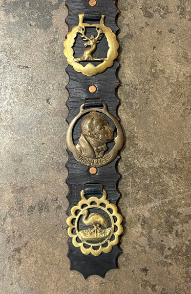 VINTAGE BRASS BRIDLE MEDALLIONS ON TOOLED LEATHER STRAP