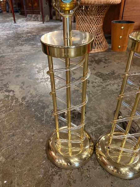 Pair of postmodern brass tone and acrylic spiral table lamps -a pair