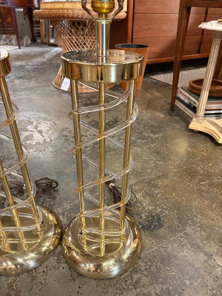 Pair of postmodern brass tone and acrylic spiral table lamps -a pair