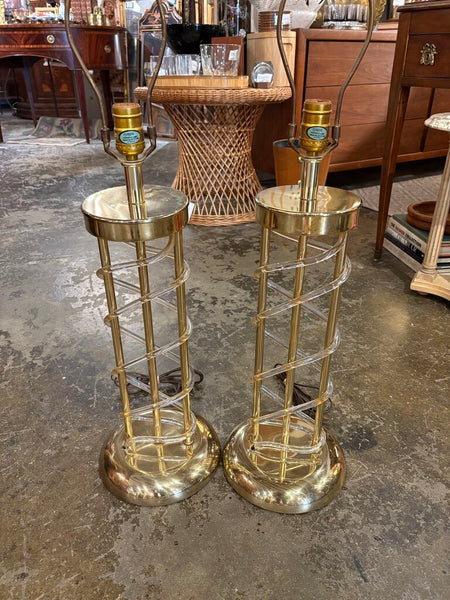 Pair of postmodern brass tone and acrylic spiral table lamps -a pair
