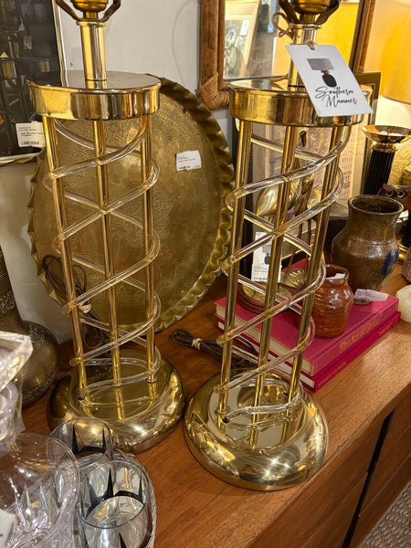 Pair of postmodern brass tone and acrylic spiral table lamps -a pair