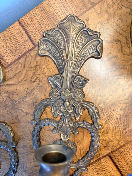 Matching pair ornate bronze/brass wall sconces for candle approx 17x5x5.5-PAIR