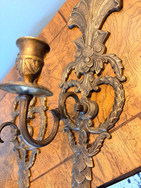 Matching pair ornate bronze/brass wall sconces for candle approx 17x5x5.5-PAIR