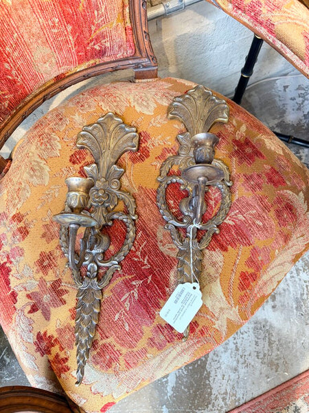 Matching pair ornate bronze/brass wall sconces for candle approx 17x5x5.5-PAIR