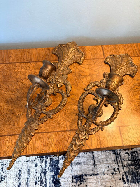 Matching pair ornate bronze/brass wall sconces for candle approx 17x5x5.5-PAIR