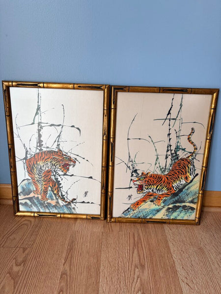 PAIR of Mid Century Modern watercolor on silk signed Asian tiger paintings-approx 17.5x12all original