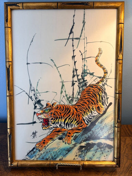 PAIR of Mid Century Modern watercolor on silk signed Asian tiger paintings-approx 17.5x12all original