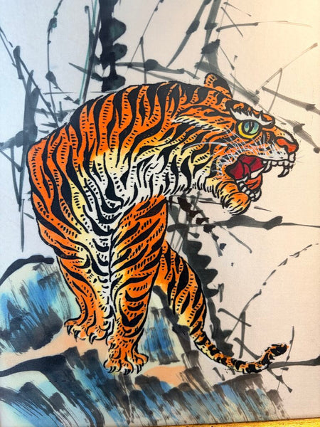 PAIR of Mid Century Modern watercolor on silk signed Asian tiger paintings-approx 17.5x12all original