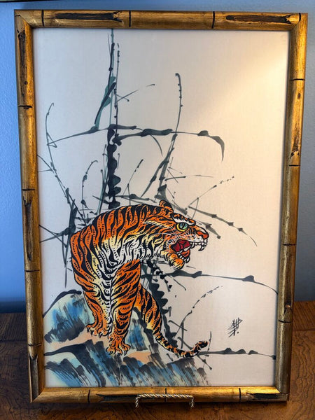 PAIR of Mid Century Modern watercolor on silk signed Asian tiger paintings-approx 17.5x12all original