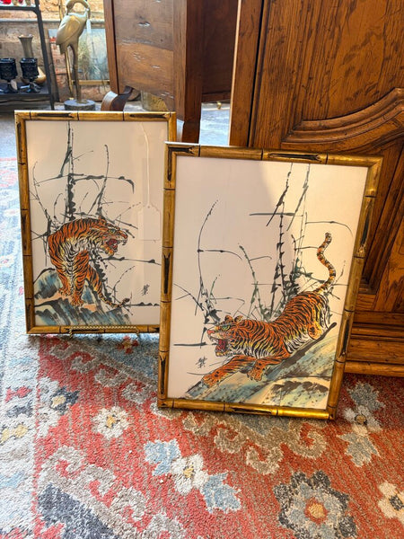 PAIR of Mid Century Modern watercolor on silk signed Asian tiger paintings-approx 17.5x12all original