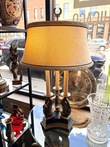 Vintage Ethen Allen brass triple swan bouillette table lamp with original shade approx 28t-for pick up only