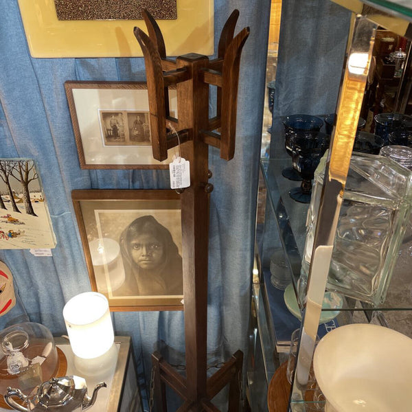 Early 20th Century Mission Oak Hall Tree Arts and Crafts Style -- Wood Hooks, Umbrella Holder, Chain Details -- 70in Tall, 12 in deep/wide IN STORE PICK UP ONLY