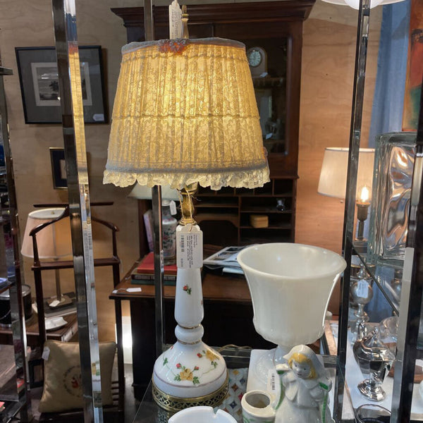 Vintage Milk Glass and Brass Lamp with Hand Painted Flowers and Adorable Lace Shade - 24 inches tall IN STORE PICK UP ONLY