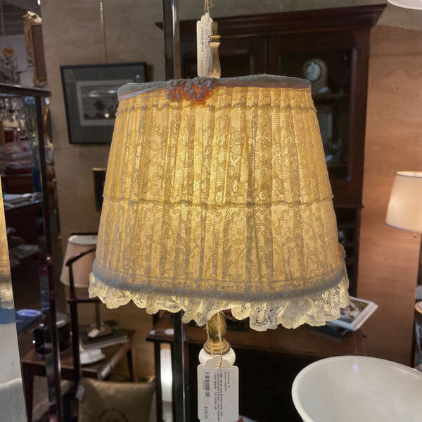 Vintage Milk Glass and Brass Lamp with Hand Painted Flowers and Adorable Lace Shade - 24 inches tall IN STORE PICK UP ONLY