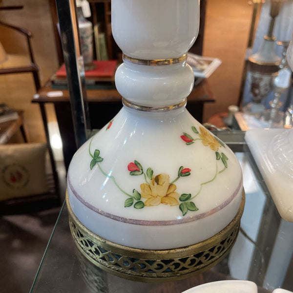 Vintage Milk Glass and Brass Lamp with Hand Painted Flowers and Adorable Lace Shade - 24 inches tall IN STORE PICK UP ONLY