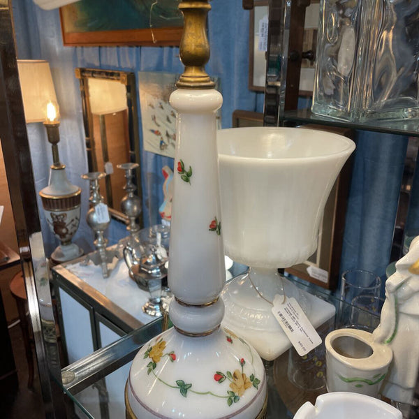 Vintage Milk Glass and Brass Lamp with Hand Painted Flowers and Adorable Lace Shade - 24 inches tall IN STORE PICK UP ONLY