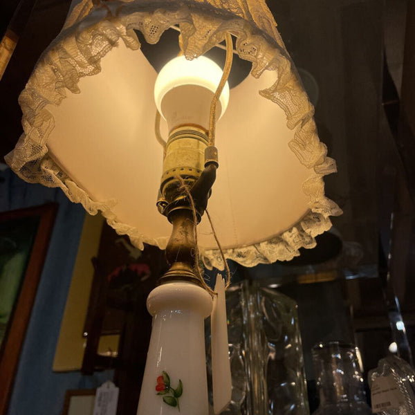 Vintage Milk Glass and Brass Lamp with Hand Painted Flowers and Adorable Lace Shade - 24 inches tall IN STORE PICK UP ONLY