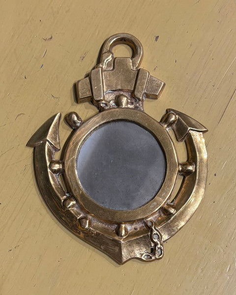 VINTAGE NAUTICAL SHIP WHEEL & ANCHOR BRASS MIRROR | 6.75"H X 5.25"H