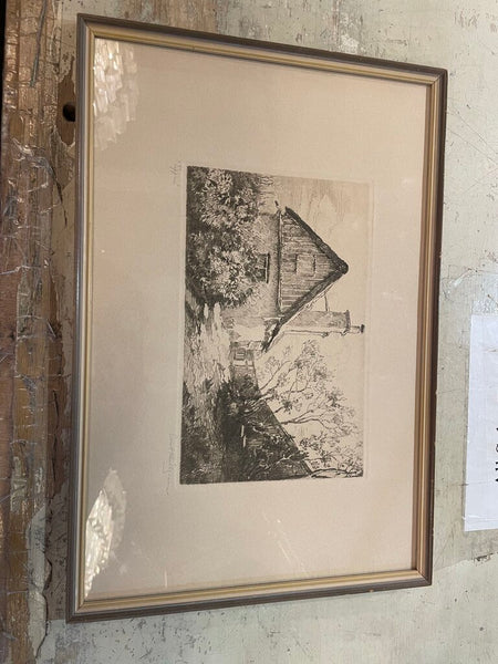 Signed Etching of a Cottage Titled "Tippen" -- Back of Frame Dates 1928 -- 19" x12.5"