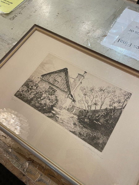 Signed Etching of a Cottage Titled "Tippen" -- Back of Frame Dates 1928 -- 19" x12.5"