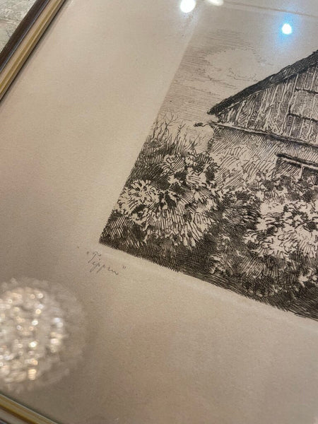 Signed Etching of a Cottage Titled "Tippen" -- Back of Frame Dates 1928 -- 19" x12.5"
