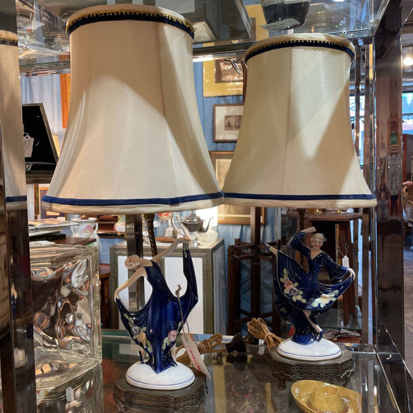 Art Deco Porcelian Blue Dancer Lamps PAIR w/ Brass Base by KATZHUTTE -- AS IS (missing fingers on one dancers, slightly stained shades) ANTIQUE- IN STORE PICK UP ONLY
