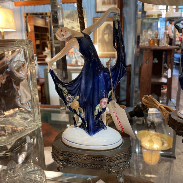 Art Deco Porcelian Blue Dancer Lamps PAIR w/ Brass Base by KATZHUTTE -- AS IS (missing fingers on one dancers, slightly stained shades) ANTIQUE- IN STORE PICK UP ONLY