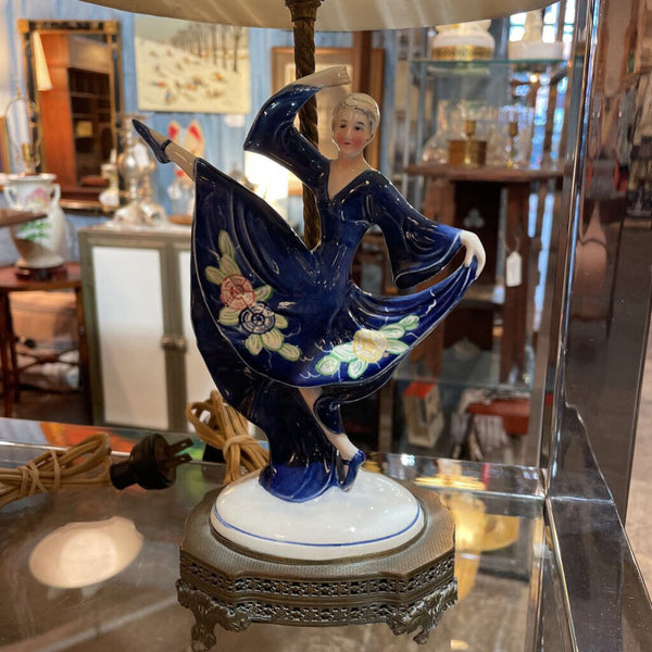 Art Deco Porcelian Blue Dancer Lamps PAIR w/ Brass Base by KATZHUTTE -- AS IS (missing fingers on one dancers, slightly stained shades) ANTIQUE- IN STORE PICK UP ONLY